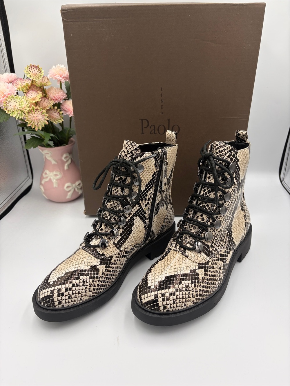 Paolo Beige and Black Snake-Print Combat Boots